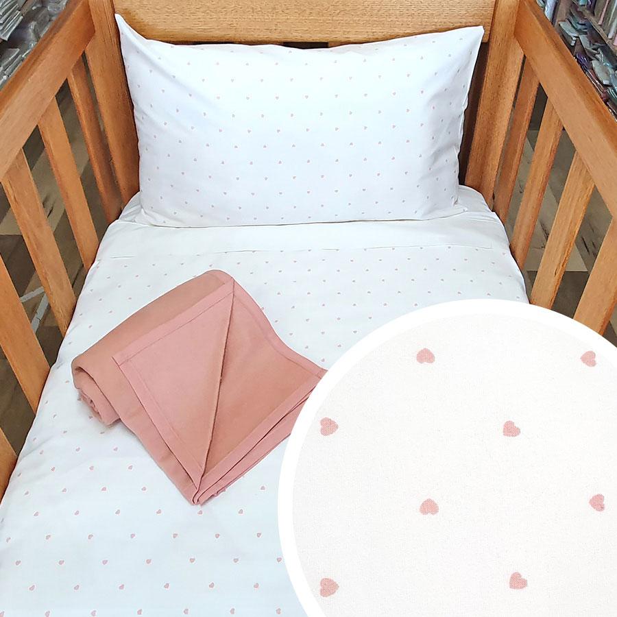 WHITE with Pink Sweethearts Organic Cotton Poplin Bedding - Nursery