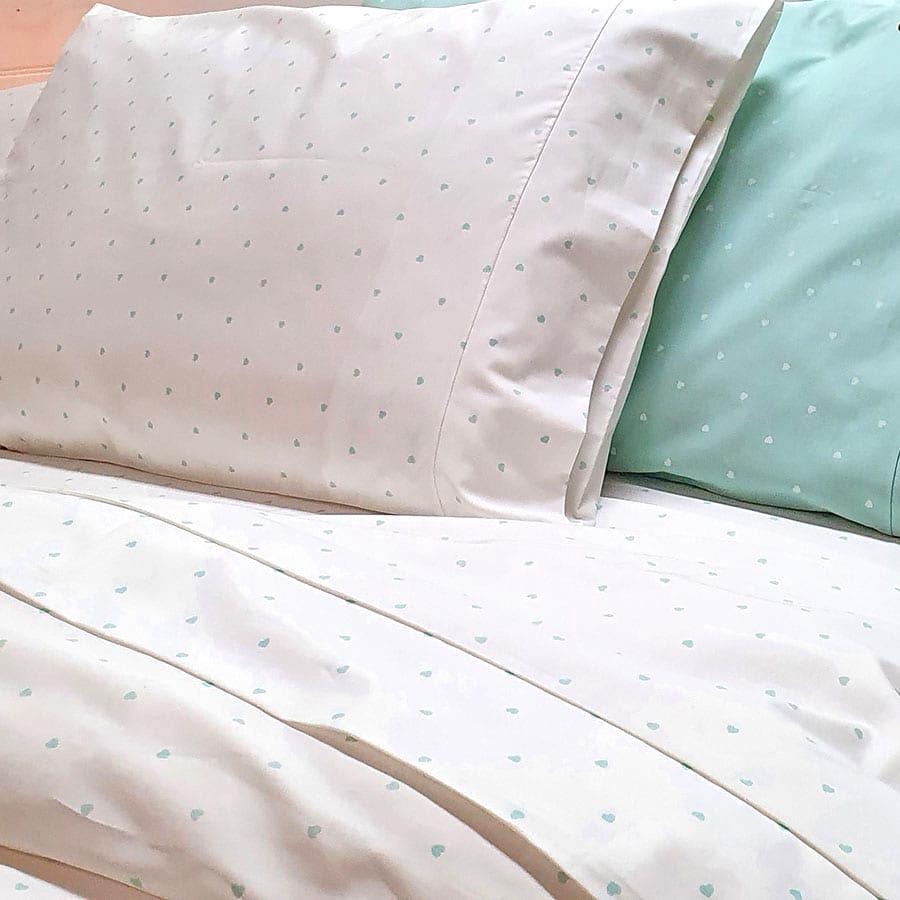 White with Mint Sweethearts Organic Cotton Poplin Bedding